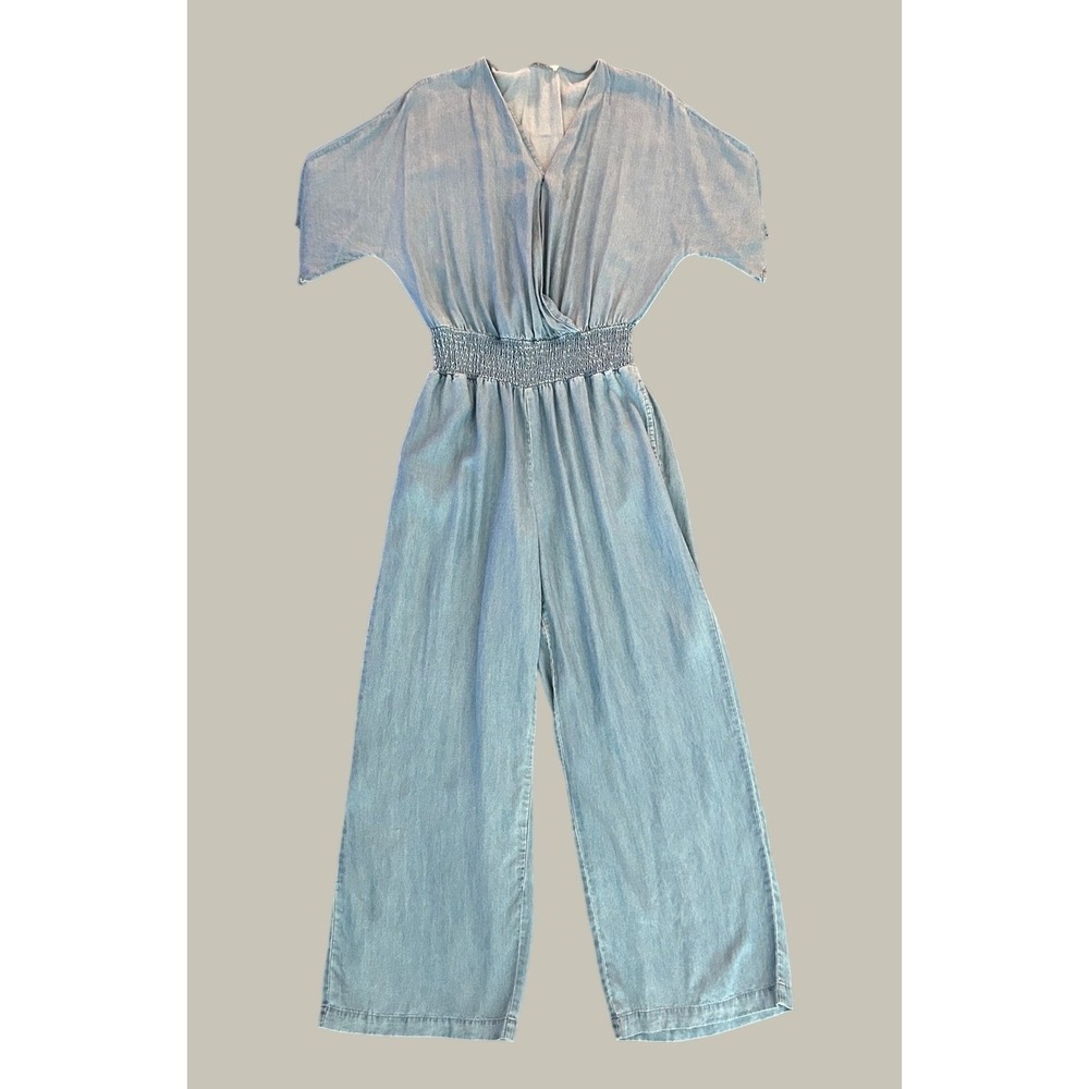 Lascana for Venus Blue Denim Chambray Wide Leg Jumpsuit Smocked Waist 12 1394